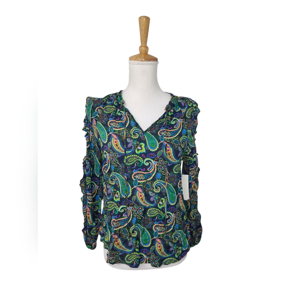 WILLOW DRIVE SHIRT WOMENS OVERSIZED XS GREEN PAISLEY COLD SHOULDER BLOUSE TOP - Picture 2 of 12